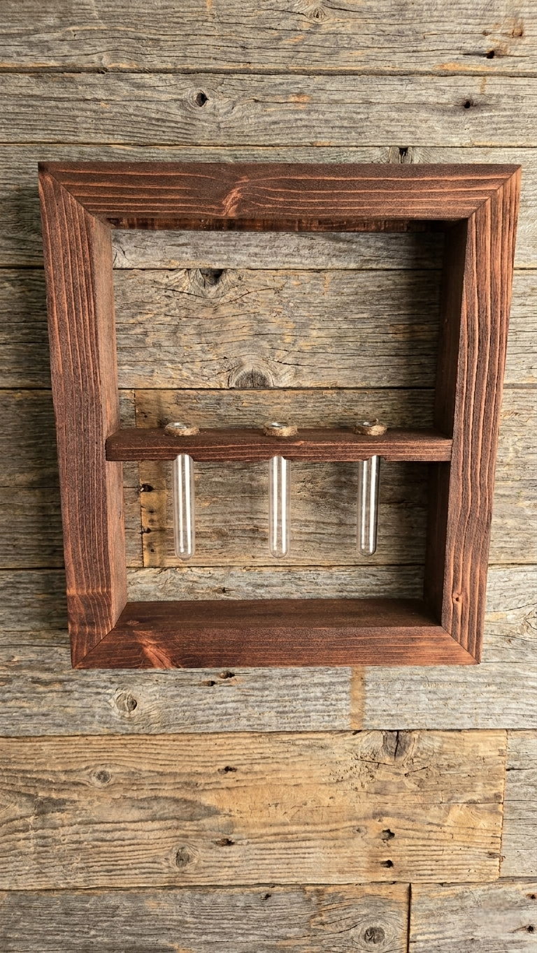 Front view of handcrafted wooden plant propagation shadow box frame and three empty acrylic tubes. Wood wall mount shelf for plants.