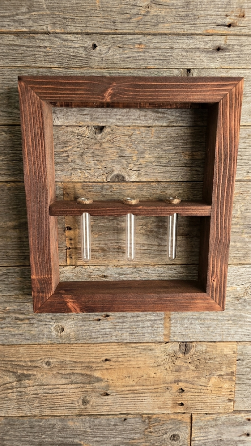 Front view of handcrafted wooden plant propagation shadow box frame and three empty acrylic tubes. Wood wall mount shelf for plants.