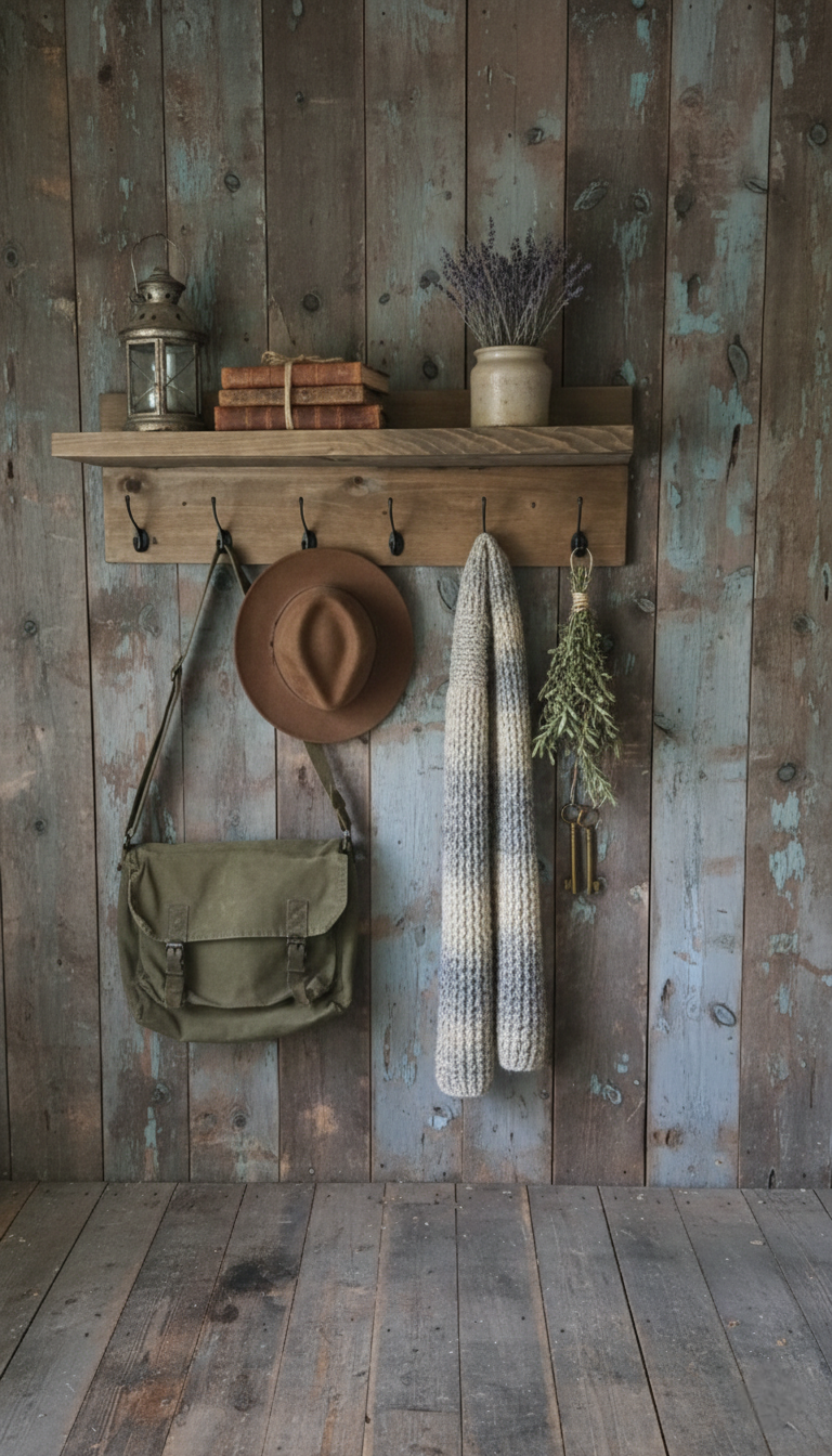 Coat Rack Wall Shelf, Wall Mount With Hooks, Rustic Pine Shelf