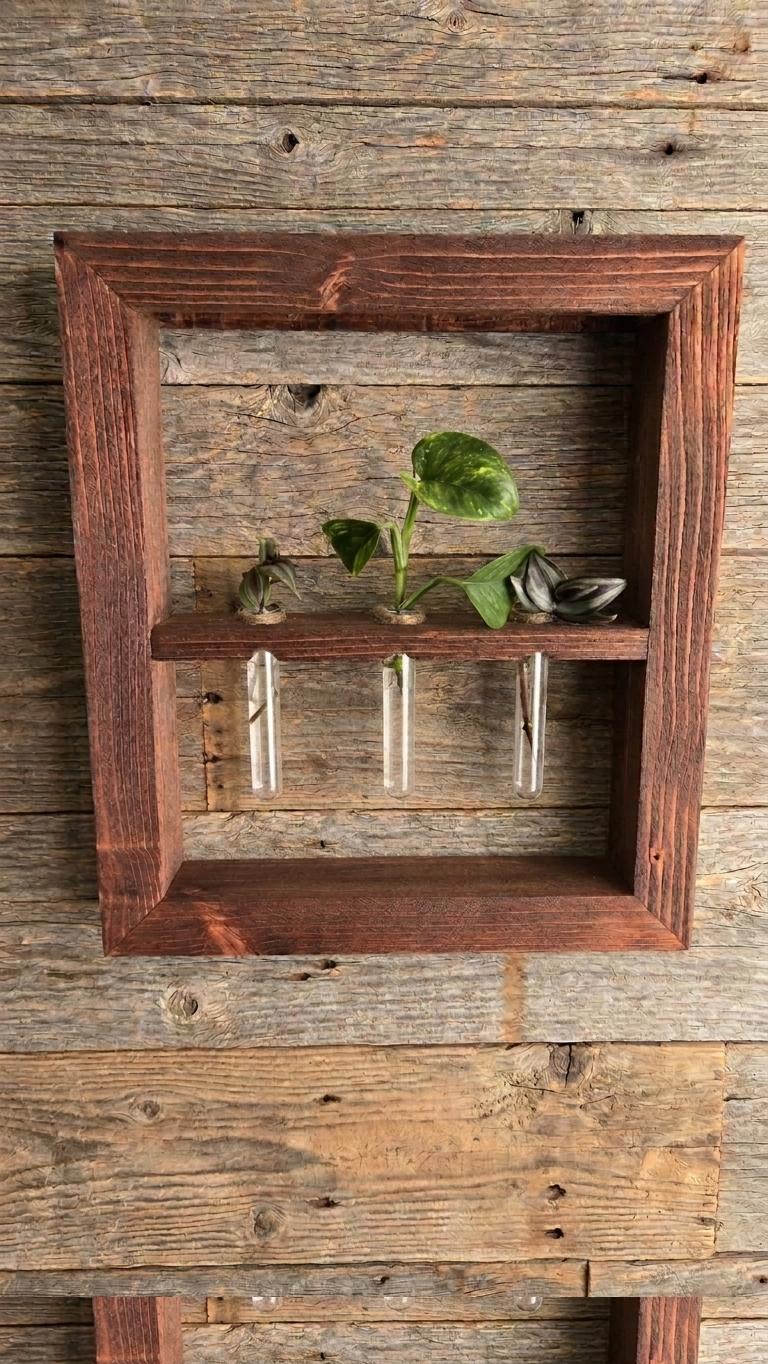 Wooden frame with plants on a rustic wooden wall. This is a propagation station wooden art wall shelf. Allows for wireless led to be inserted.