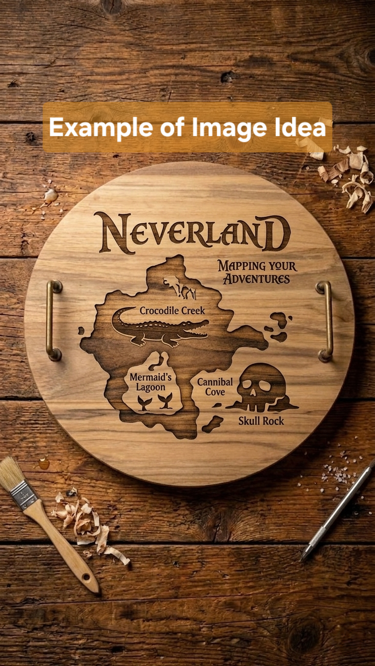 Wooden cutting board with 'Neverland' map design on a wooden surface. This is an example only image of possible custom laser engravement. Teak round charcuterie board. 