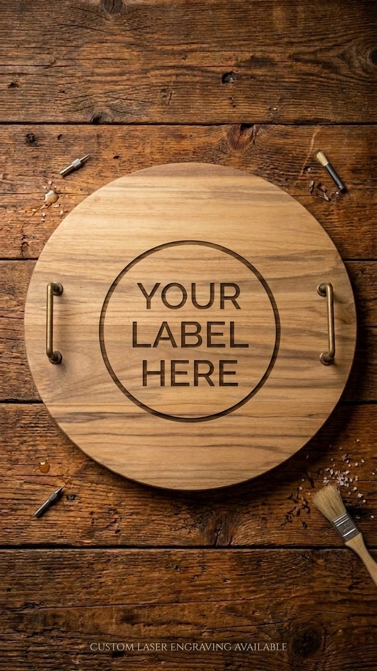 Wooden round sign with 'Your Label Here' text on a rustic wooden background. Showing it can be custom laser engraved. 