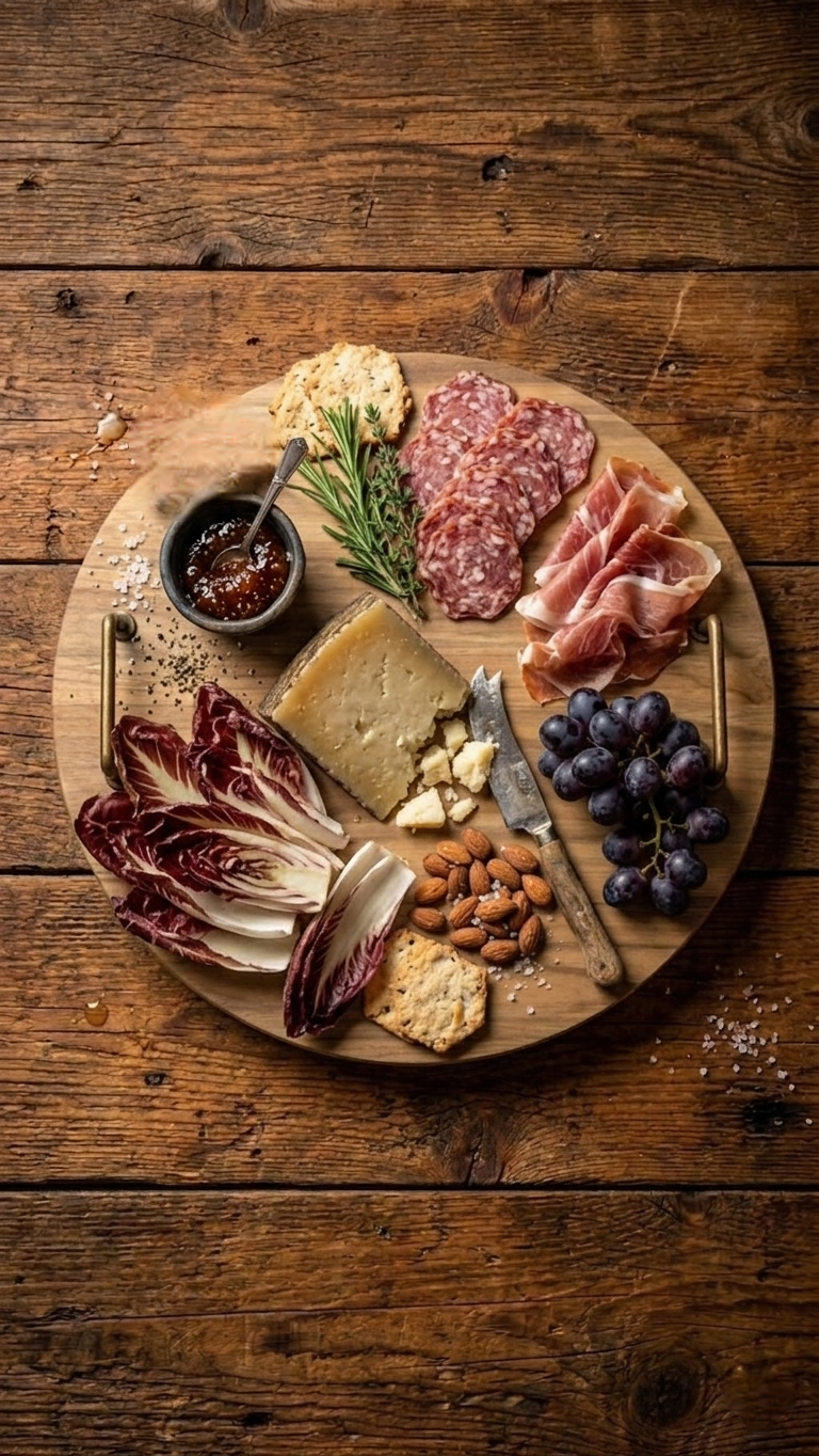 Wooden platter with assorted meats, cheeses, fruits, and nuts on a rustic wooden surface