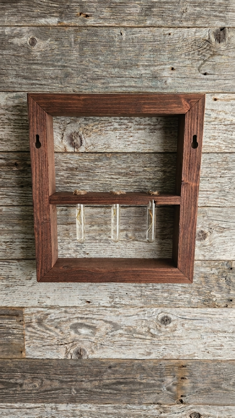 Wooden picture frame on a rustic wooden wall. Two pre-cut router key holes for easy mounting. Built in wall mounts. Three acrylic tubes for plant propagation.  