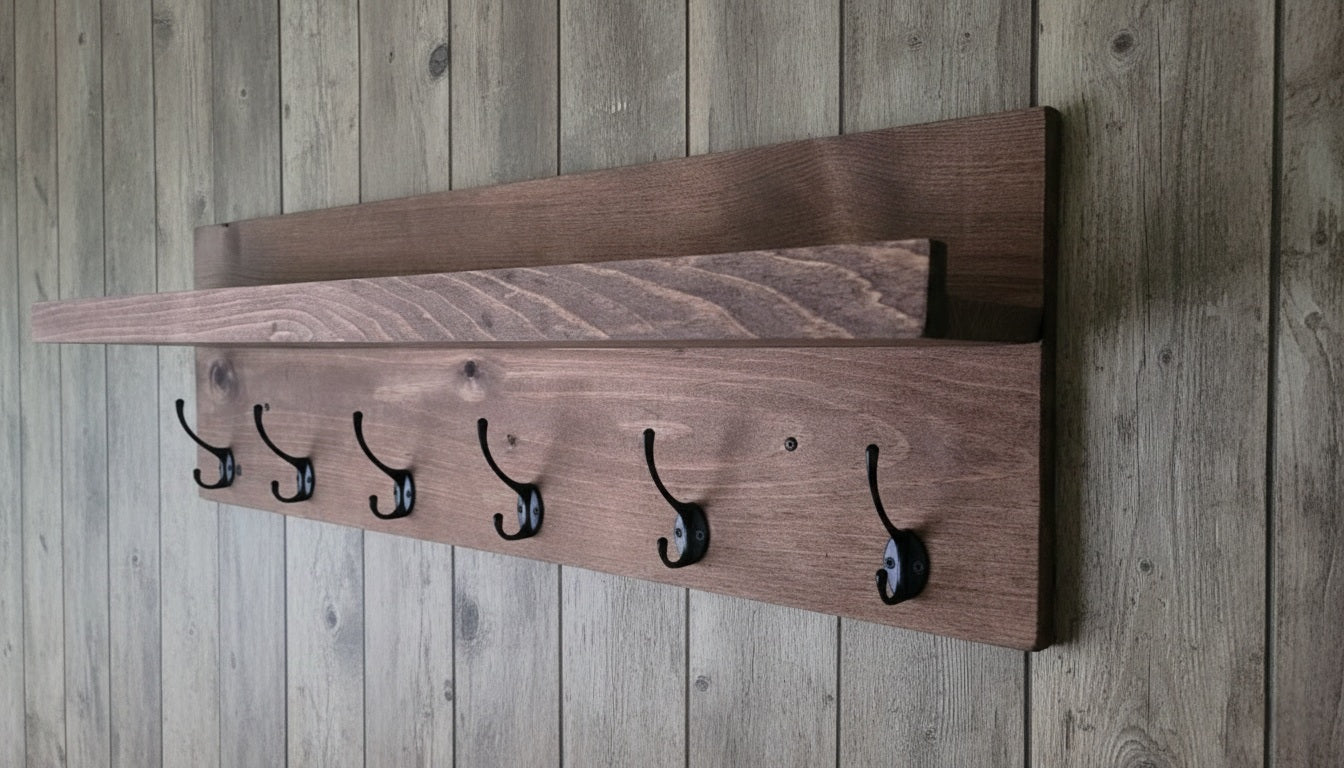 Coat Rack Wall Shelf, Wall Mount With Hooks, Rustic Pine Shelf